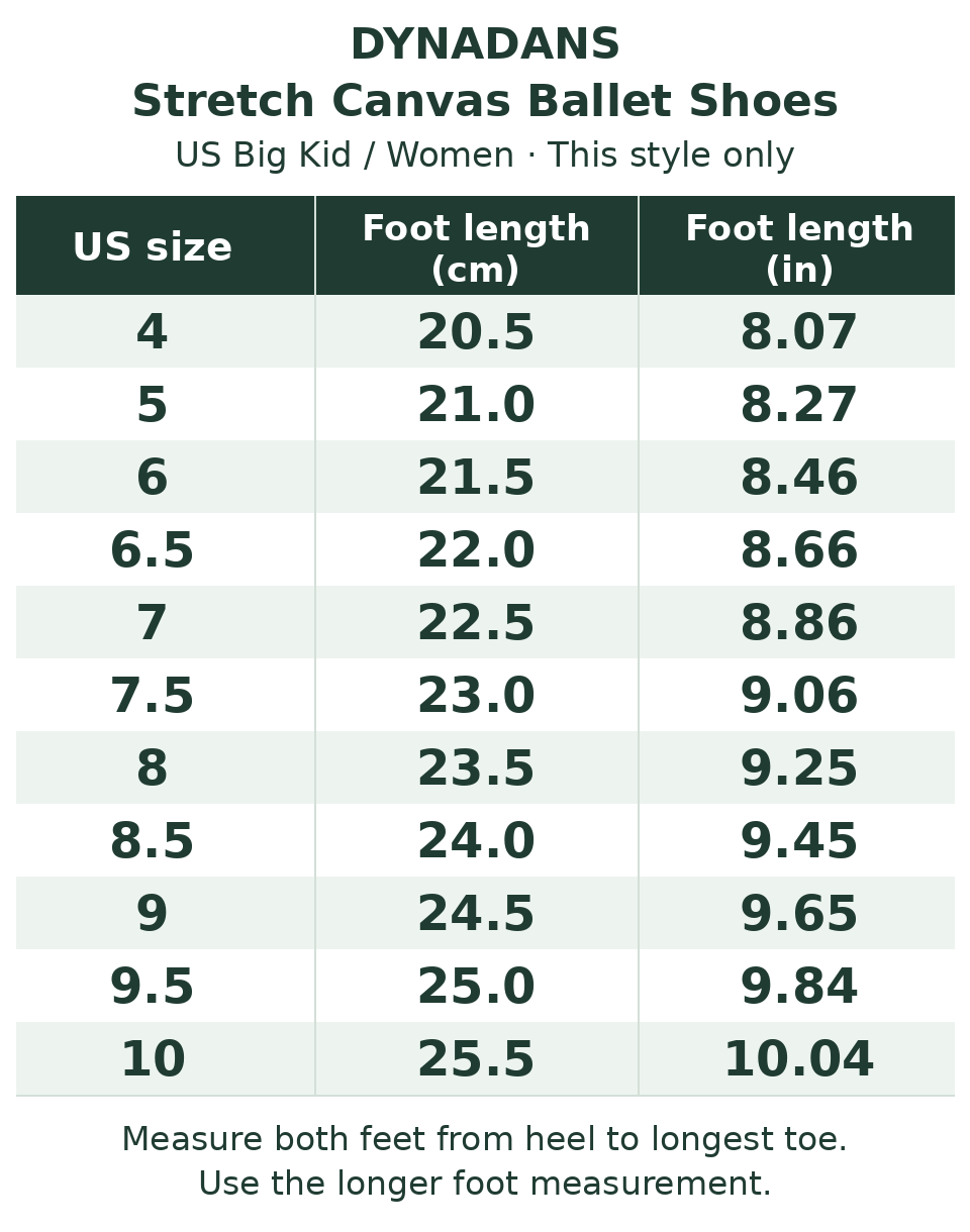 Dynadans stretch canvas split-sole ballet shoes size chart: US Big Kid/Women sizes 4–10 for foot lengths 20.5–25.5 cm. Complete size-to-foot-length values and measuring instructions follow below.